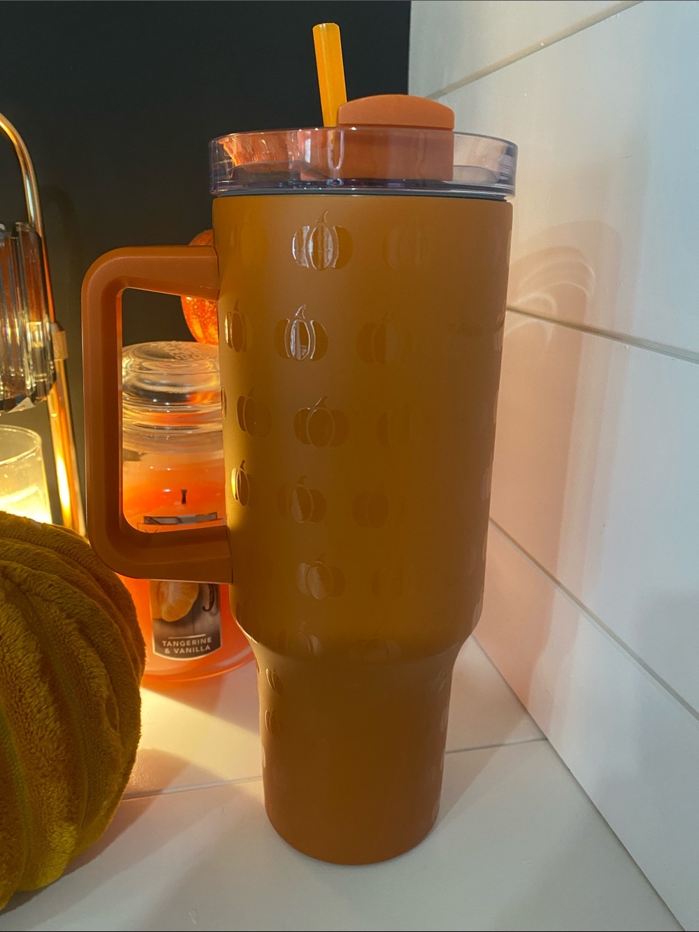 Hobby Lobby Orange Pumpkin-Embossed Travel Tumbler with Handle